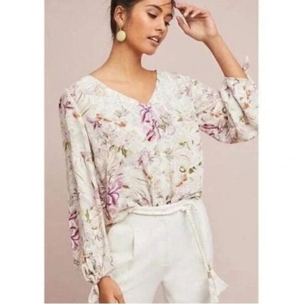 Anthropologie Mauve Floral V-Neck Blouse S